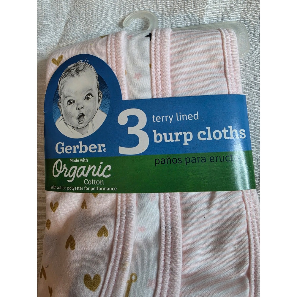 Gerber 3 Pack Organic Cotton Terry Lined Burp Cloths Pink Heart Star Stripe